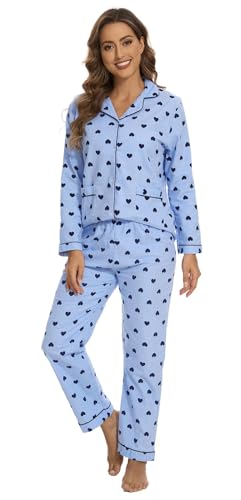 CHUNG Damen-Schlafanzug-Set, gebürstete Baumwolle, langärmelig, Knopfleiste, Oberteil, Hose, Flanell, Nachtwäsche, gemütlich, warm, Winter, Übergröße, Blau Herz, L CHUNG Damen-Schlafanzug-Set, gebürstete Baumwolle, langärmelig, Knopfleiste, Oberteil, Hose, Flanell, Nachtwäsche, gemütlich, warm, Winter, Übergröße, Blau Herz, L von CHUNG