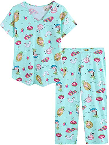 CHUNG Damen Schlafanzug Capri Pyjama Kurzen Ärmeln 3/4 Lange Hose Mit Sternen Animal Print, GrnFlamingo XL von CHUNG