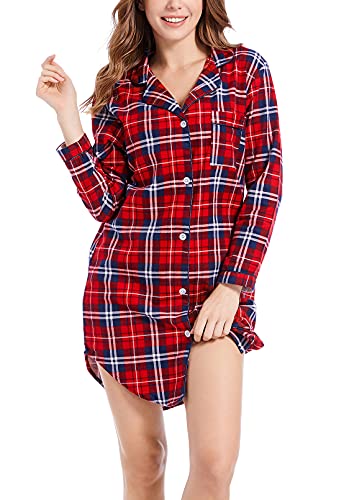 CHUNG Damen Nachthemd Langarm Knopfleiste Frauen Kariertes Schlafhemd Plaid Schlafshirt Tartan Pyjamas Flanell Baumwolle RedPlaid S von CHUNG