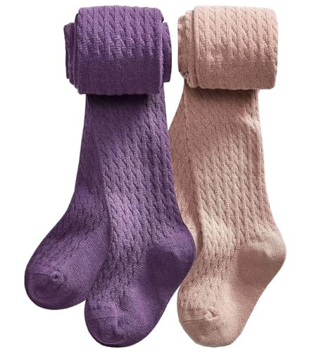 CHUNG Kleinkind kleine Mädchen Baumwolle Strumpfhose Fuß Dicke Winter Zopfstrick Leggings Strumpfhose Strumpf, 2 Stück lila + altrosa, 7-8 Jahre von CHUNG