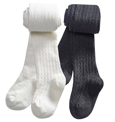 CHUNG Kleinkind kleine Mädchen Baumwolle Strumpfhose Fuß Dicke Winter Zopfstrick Leggings Strumpfhose Strumpf, 2er-Pack, Anthrazit und Weiß, 7-8 Jahre von CHUNG