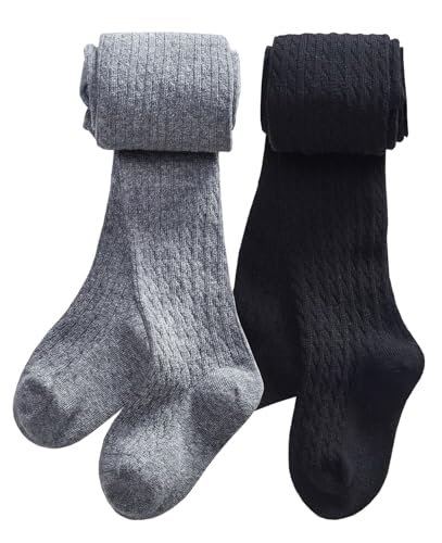 CHUNG Strumpfhose für Kleinkinder, kleine Mädchen, Baumwolle, dick, Winter, Zopfmuster, Strumpfhosen, 2er-Pack, Schwarz + Grau, 5-6 Years von CHUNG