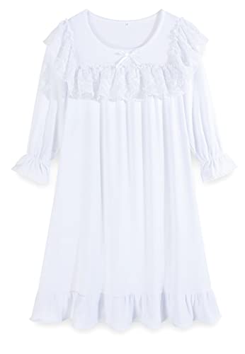 CHUNG Little Big Girls Vintage viktorianische Nachthemden Modal Langarm Spitze quadratischer Ausschnitt Prinzessin Nachthemd, 1002 Spitze, 5-6 Jahre von CHUNG