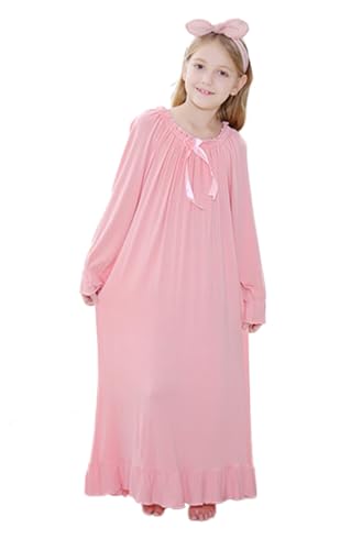 CHUNG Vintage Viktorianisches Nachthemd für Mädchen - Modal Langarm Spitze Quadratischer Ausschnitt Prinzessin Nachtwäsche, Rosa (Runder Kragen), 11-12 Jahre von CHUNG