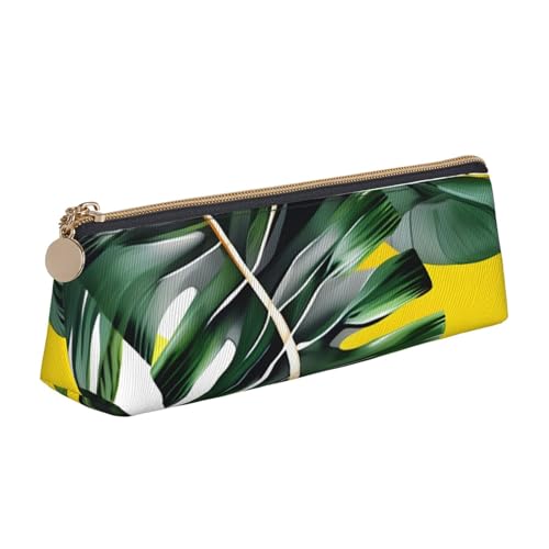 CHUNMINW Minimalistisches dreieckiges Federmäppchen aus Leder mit tropischen Bananenpalmenblättern, Kosmetik-Organizer mit Volldruck für Reisen und Arbeit, Weiß, One Size, Stilvoll von CHUNMINW