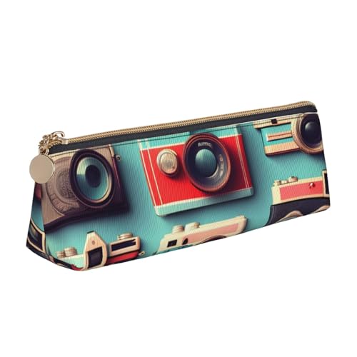 CHUNMINW Retro Cool Camera Collection Print Minimalistisches Dreieckiges Leder-Federmäppchen Kosmetik-Organizer mit Volldruck für Reisen Arbeit von CHUNMINW