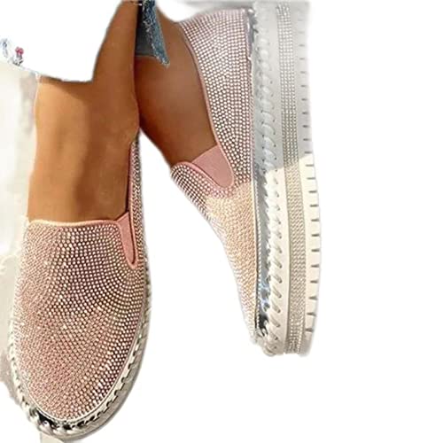 CHUNNUAN Damen Herbst Pailletten Runde Zehen Flache Sneakers Slip On Loafers Plateau vulkanisierte Schuhe Nähen Faule Schuhe - Rosa, 37 von CHUNNUAN