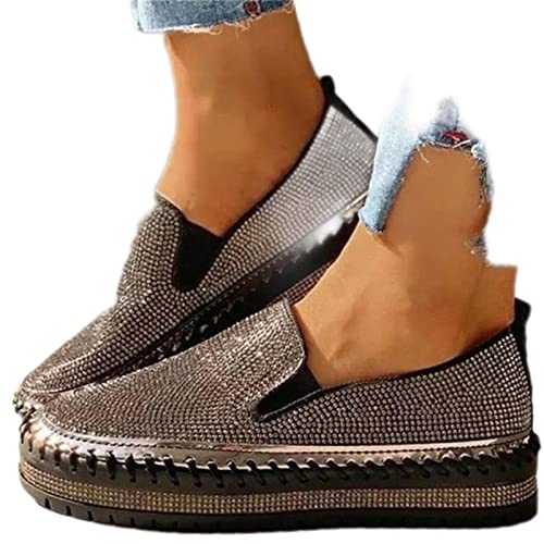 CHUNNUAN Damen Herbst Pailletten Runde Zehen Flache Sneakers Slip On Loafers Plateau vulkanisierte Schuhe Nähen Faule Schuhe - Schwarz, 38 von CHUNNUAN