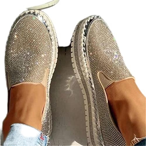 CHUNNUAN Damen Herbst Pailletten runde Zehenpartie flache Sneaker Slip On Loafers Plateau vulkanisierte Schuhe Nähen Faule Schuhe - Silber, 37 von CHUNNUAN