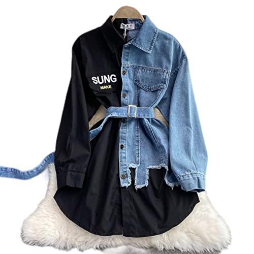 CHUNNUAN Damen Langarm Denim Bluse mit Gürtel Vintage Patchwork Bluse Frühling Herbst Koreanische gefälschte zweiteilige Oberteile Jeans Shirts - 2, Einheitsgröße CHUNNUAN Damen Langarm Denim Bluse mit Gürtel Vintage Patchwork Bluse Frühling Herbst Koreanische gefälschte zweiteilige Oberteile Jeans Shirts - 2, Einheitsgröße von CHUNNUAN