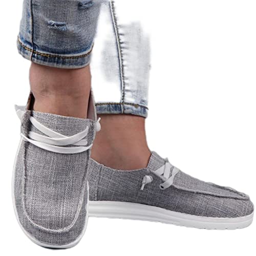 CHUNNUAN Herbst Damen Segeltuchschuhe Solid Leopard Atmungsaktiv Schnür-Sneaker Slip On Loafers Faule Casual Runde Zehen Vulkanisierte Flats-Grau, 42 von CHUNNUAN