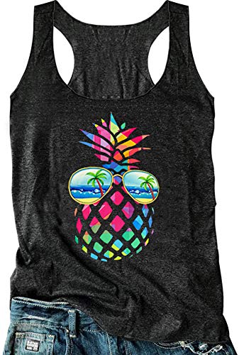 Bunte Ananas-Sonnenbrille, Strand-Tanktops für Frauen, niedliches Vintage-Grafik, Tank-Top, Shirt, Sommer, lässig, Racerback Weste - Grau - Klein von CHUNTIANRAN