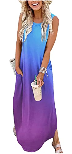 CHUNTIANRAN Ärmelloses Maxikleid mit Farbverlauf für Damen Sommer Casual T-Shirt Kleider Strand Party Tank Kleider mit Taschen, H-blau lila, XX-Large von CHUNTIANRAN