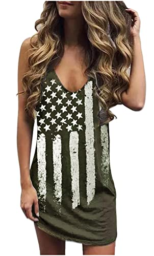 CHUNTIANRAN Amerikanische Flagge, Stern, gestreiftes Tank-Minikleid für Frauen, Sommer-V-Ausschnitt, Kleider, 4. Juli, USA-Flagge, T-Shirt-Kleid, USA Green-7, X-Groß von CHUNTIANRAN