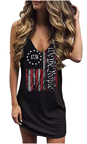 CHUNTIANRAN Amerikanische Flagge Stern gestreiftes Tank-Minikleid für Damen Sommer V-Ausschnitt Kleider 4. Juli USA-Flagge T-Shirt-Kleid, 1776 Schwarz, X-Groß von CHUNTIANRAN