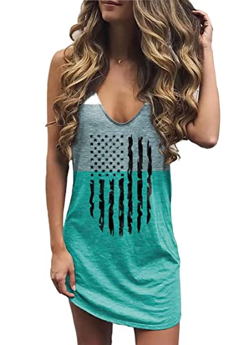 CHUNTIANRAN Amerikanische Flagge Stern gestreiftes Tank Minikleid für Frauen Sommer V Ausschnitt Kleider 4. Juli USA Flagge T-Shirts Kleid, Farbblock, X-Groß von CHUNTIANRAN