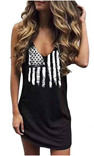 CHUNTIANRAN Amerikanische Flagge Stern gestreiftes Tank Minikleid für Frauen Sommer V Ausschnitt Kleider 4. Juli USA Flagge T-Shirts Kleid, schwarz 2, XX-Large von CHUNTIANRAN