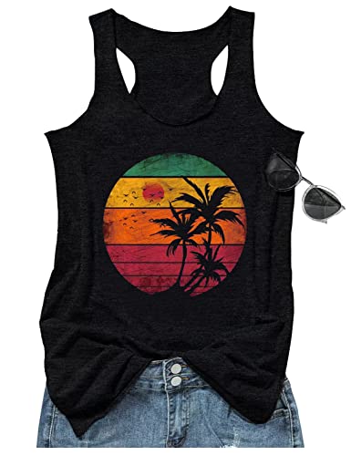 CHUNTIANRAN Damen Mandala Vintage Grafik Racerback Tank Tops Sommer Casual Lose O-Neck Tanks Weste Urlaub Klassische Passform Hemd Cami, Kokosnussbaum-schwarz 3, Klein von CHUNTIANRAN