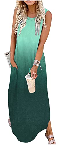 CHUNTIANRAN Damen Maxikleid Sommer Casual Sommerkleid Ärmellos Lange Kleider Hawaii Strand Maxikleid mit Taschen, Grüner Farbverlauf, XX-Large von CHUNTIANRAN