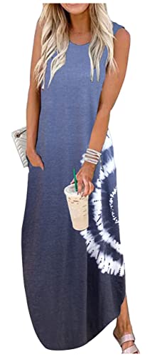 CHUNTIANRAN Damen Maxikleid Sommer Casual Sommerkleid Ärmellos Lange Kleider Hawaii Strand Maxikleid mit Taschen, Hellblauer Farbstoff, Mittel von CHUNTIANRAN