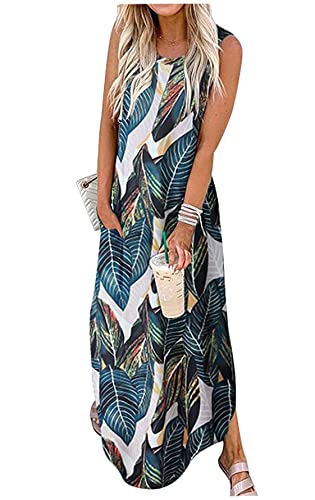 CHUNTIANRAN Damen Maxikleid Sommer Casual Sommerkleid Ärmellos Lange Kleider Hawaii Strand Maxikleid mit Taschen, Laub, Groß von CHUNTIANRAN