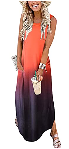 CHUNTIANRAN Damen Maxikleid Sommer Casual Sommerkleid Ärmellos Lange Kleider Hawaii Strand Maxikleid mit Taschen, Orange/Abendrot im Zickzackmuster (Sunset Chevron), Groß von CHUNTIANRAN