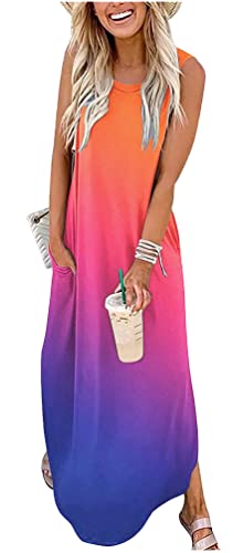 CHUNTIANRAN Damen Maxikleid Sommer Casual Sommerkleid Ärmellos Lange Kleider Hawaii Strand Maxikleid mit Taschen, Orange/Rosa/Violett, X-Groß von CHUNTIANRAN