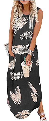 CHUNTIANRAN Damen Maxikleid Sommer Casual Sommerkleid Ärmellos Lange Kleider Hawaii Strand Maxikleid mit Taschen, Palmblattgrau, X-Groß von CHUNTIANRAN