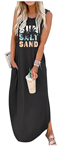 CHUNTIANRAN Damen Maxikleid Sommer Casual Sommerkleid Ärmellos Lange Kleider Hawaii Strand Maxikleid mit Taschen, Sonnensalz schwarz, XX-Large von CHUNTIANRAN