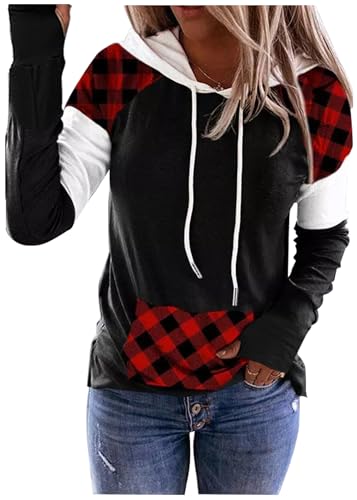 CHUNTIANRAN Langarm-Kapuzenpullover für Damen, lässig, lockere Passform, Gothic-Stil, Grafik-Pullover, Plaid/Schwarz-6, L von CHUNTIANRAN