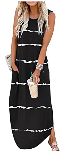 Damen Casual Lose Taschen Langes Kleid Sommer Ärmellos Maxikleider Strand Vintage Gestreift Bedrucktes Kleid Einfache Kleider (Streifen Schwarz, Groß), Schwarz gestreift, Groß von CHUNTIANRAN