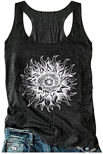 Racerback Tank-Tops für Damen mit Mandala-Grafik, Vintage-Sommertop, lässiges, lockeres Rundhals-Top, für Urlaub, klassische Passform, Cami-Top, Sonnenblumengrau, Klein von CHUNTIANRAN