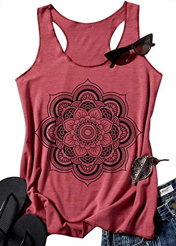 Racerback Tank-Tops für Damen mit Mandala-Grafik, Vintage-Sommertop, lässiges, lockeres Rundhals-Top, für Urlaub, klassische Passform, Cami-Top, Ziegelrot, Groß von CHUNTIANRAN