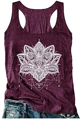 Racerback Tank-Tops für Damen mit Mandala-Grafik, Vintage-Sommertop, lässiges, lockeres Rundhals-Top, für Urlaub, klassische Passform, Cami-Top, Violett, Klein von CHUNTIANRAN