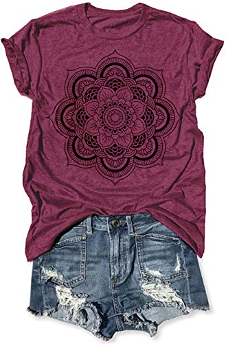 Kurzarm-T-Shirt mit Mandala-Grafik für Damen, lustiger Vintage-Druck, lässig, klassische Bluse, rot, XX-Large von CHUNTIANRAN