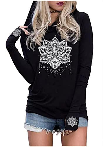 Langarm Hoodie Shirts für Frauen Live by The Sun Love by The Moon Hoodie Tops Gothic Neuheit Grafik Pullover T-Shirt, Mandala Schwarz, L von CHUNTIANRAN