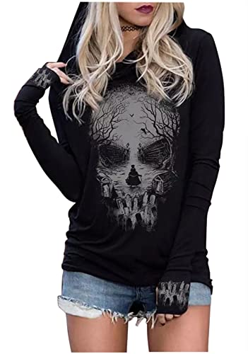 Langarm Hoodie Shirts für Frauen Live by The Sun Love by The Moon Hoodie Tops Gothic Neuheit Grafik Pullover T-Shirt, Totenkopf schwarz, L von CHUNTIANRAN