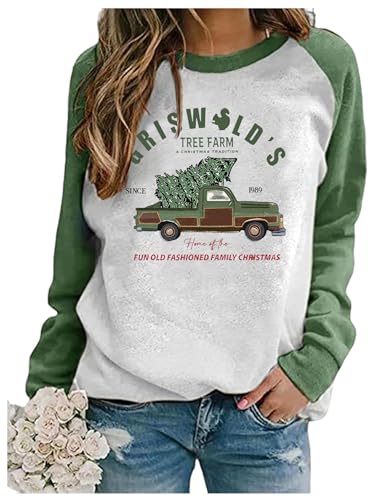 Leopard Weihnachtsbaum Schneeflocke Merry and Bright Sweatshirt Damen Xmas Holiday Funny Letter Print Pullover T Shirt Top, Griswold Green, L von CHUNTIANRAN