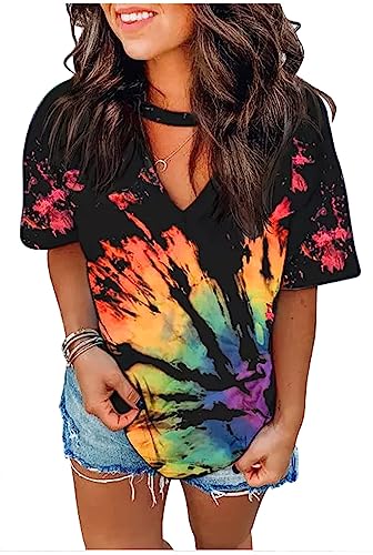 Reverse Tie Dye Regenbogen Hollow Out V Ausschnitt Kurzarm T-Shirt für Frauen Sommer Basic Tops Schlüsselloch Ausschnitt T-Shirts Bluse, Regenbogen, 3X-Groß von CHUNTIANRAN