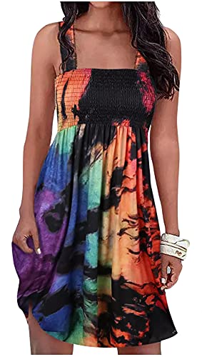 Reverse Tie Dye Regenbogen gesmokte Spaghetti-Träger Sommer Minikleid für Frauen Casual Strand Ärmellos Swing A Linie Kleider, Batik, XX-Large von CHUNTIANRAN