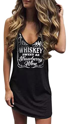 Sexy Sommerkleid mit V-Ausschnitt für Damen, glatt wie Tennessee Whiskey, Sweet As Strawberry Wine ärmelloses T-Shirt-Kleid, schwarz, Klein von CHUNTIANRAN
