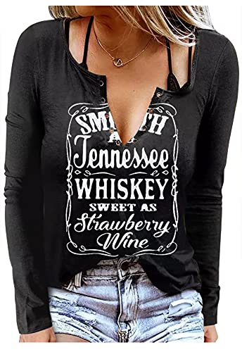 Smooth As Tennessee Whiskey Sweet As Strawberry Wine Shirts Sexy Ringloch Langarm T-Shirt für Frauen Country Tops, schwarz, Mittel von CHUNTIANRAN