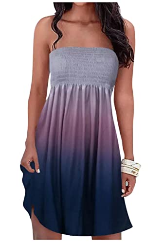 Sommerkleid für Damen, Strandkleid, Blumenmuster, Spaghettiträgern, gesmokt, trägerlos, A-Linie, Minikleider, Farbverlauf, Groß von CHUNTIANRAN