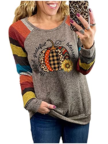 Thankful Grateful Blessed Graphic T Shirts Damen Thanksgiving Kürbis Langarm Bluse Leopard Plaid Farbblock Tops, coffee, X-Groß von CHUNTIANRAN
