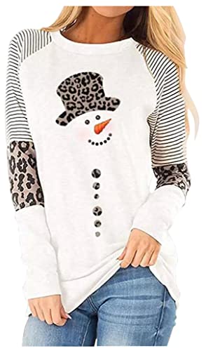 Weihnachten Schneemann Leopard Tunika für Damen Farbblock Casual Langarm Gestreifte Bluse Rundhals Pullover T Shirt Tops, Weiß, Mittel von CHUNTIANRAN