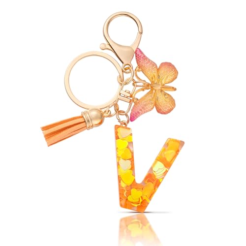 CHUQING Mädchen Schlüsselanhänger Buchstabe V Schlüsselanhänger mit Anfangsbuchstaben Schmetterling,Orange,Keychain Geburtstagsgeschenk von CHUQING