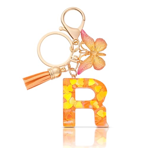 CHUQING Mädchen Schlüsselanhänger R Buchstabe Schlüsselanhänger mit Anfangsbuchstaben Schmetterling,Orange,Keychain Geburtstagsgeschenk von CHUQING