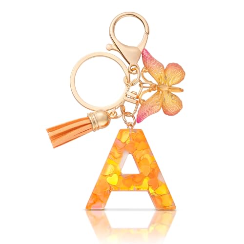 CHUQING Schlüsselanhänger Buchstabe A Geschenke für Mädchen Schlüsselanhänger mit Buchstaben Orange Schmetterling Anfangsbuchstaben Schlüssel Anhänger von CHUQING
