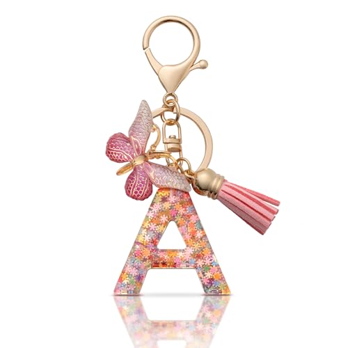 CHUQING Schlüsselanhänger - Buchstabe A für Frauen & Mädchen - Rosa Anfangsbuchstabe Schlüsselanhänger mit Schmetterling von CHUQING