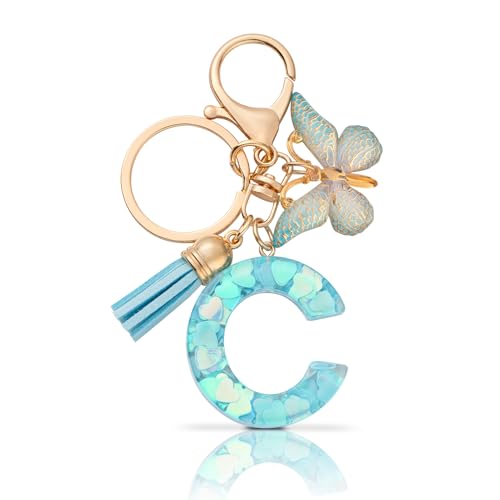 CHUQING Schlüsselanhänger Buchstabe C Mädchen Geschenk Schlüsselanhänger mit Anfangsbuchstaben Schmetterling für Frauen,Blau von CHUQING